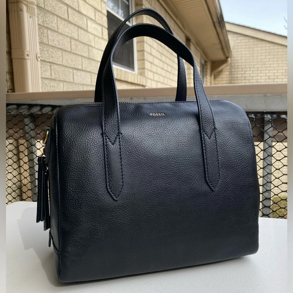 Fossil Sydney Satchel Black Pebbled Leather Hand Bag Cross Body Bag Purse NEW